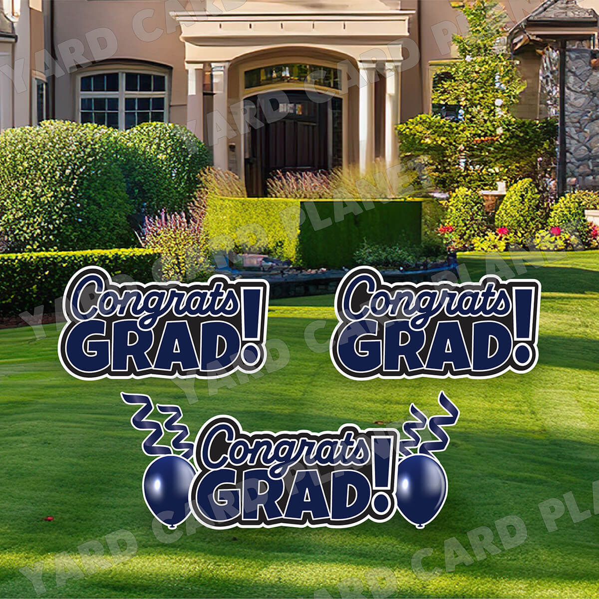 Navy Blue Congrats Grad EZ Quick Signs with Matching Balloons and Streamers Yard Card Flair Set