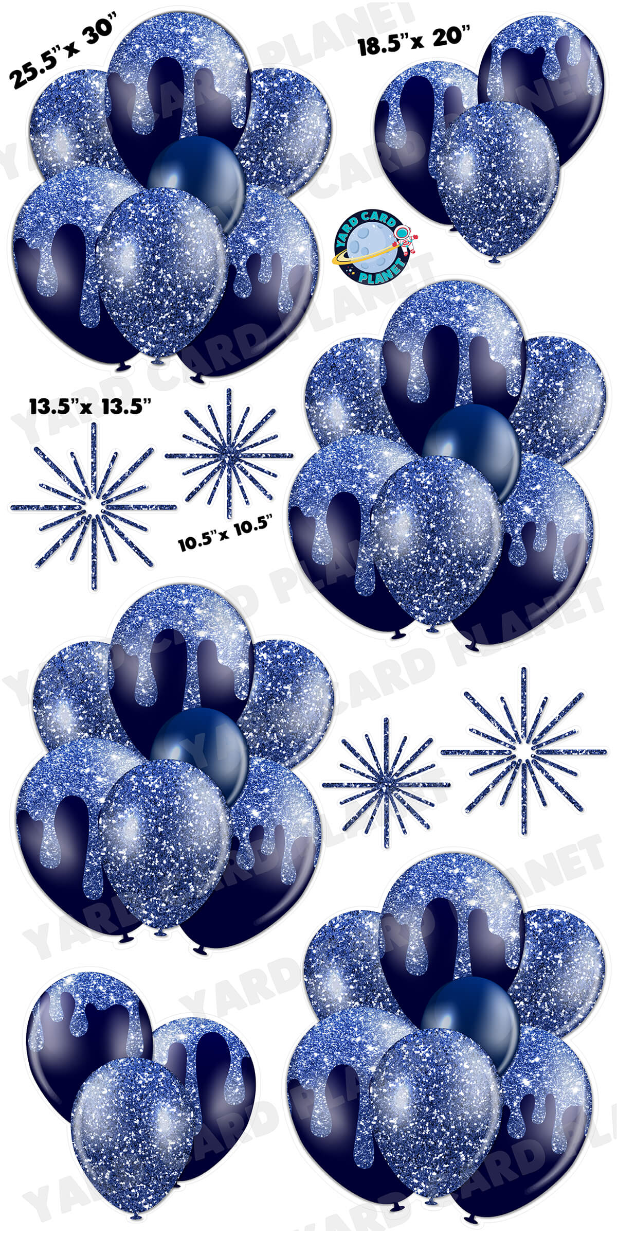 Navy Blue Glitter Balloon Bouquets and Starbursts Yard Card Set