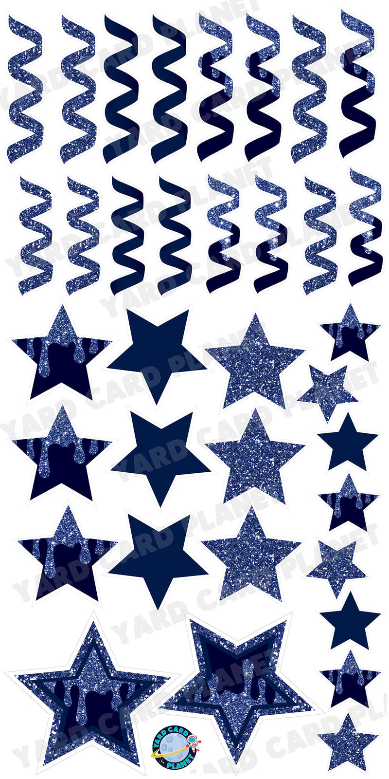 Navy Blue Glitter and Solid Stars and Streamers Yard Card Flair Set