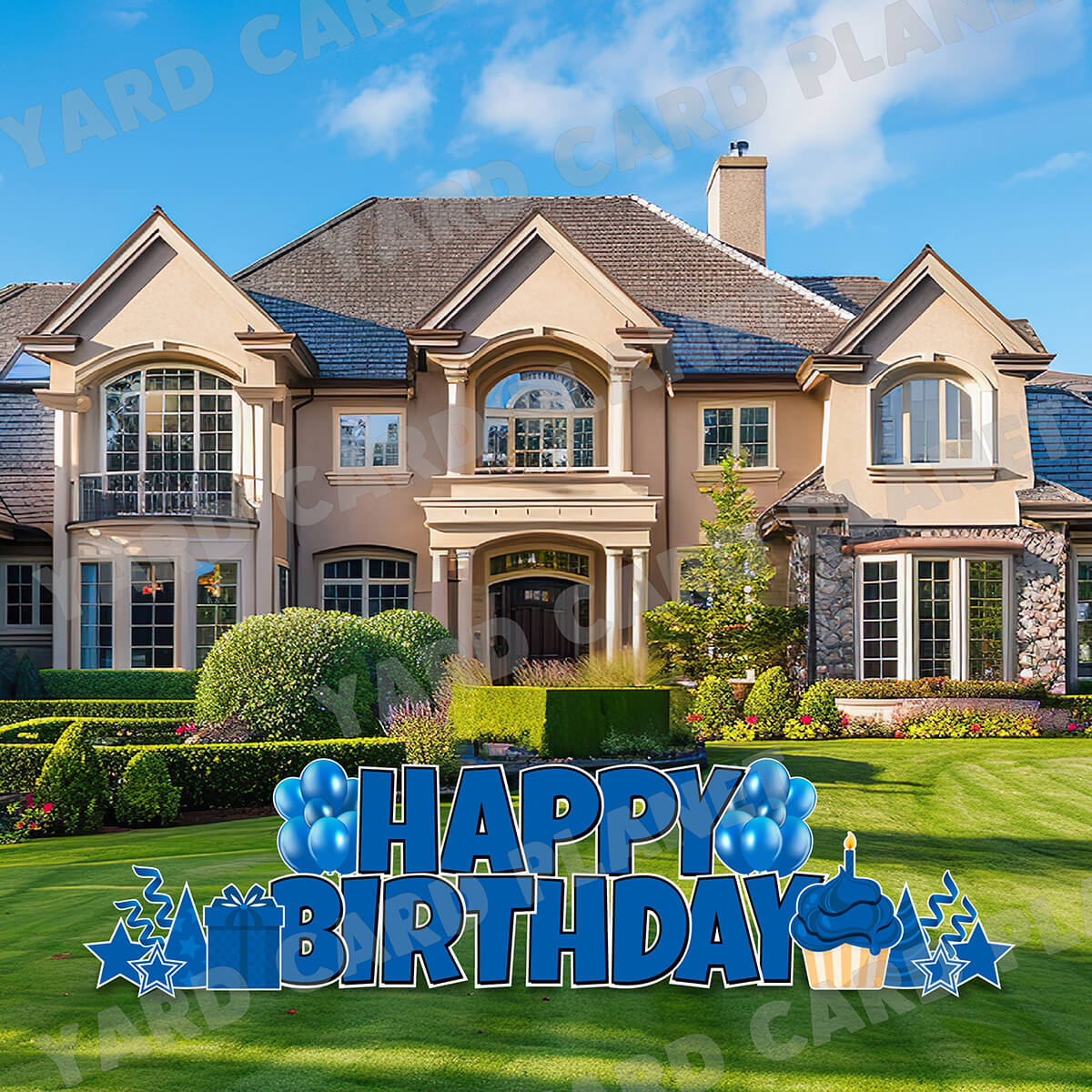 Large 23.5" Solid Blue Happy Birthday Individual Letters in Luckiest Guy Font and Birthday Flair Set