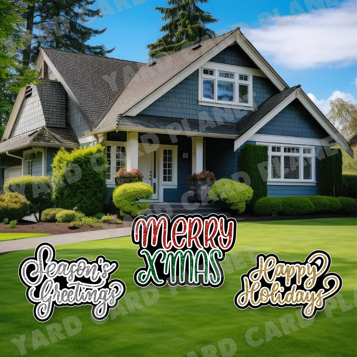 Sequin Pattern Happy Holidays, Season's Greetings and Merry X MAS EZ Quick Signs Yard Card Set