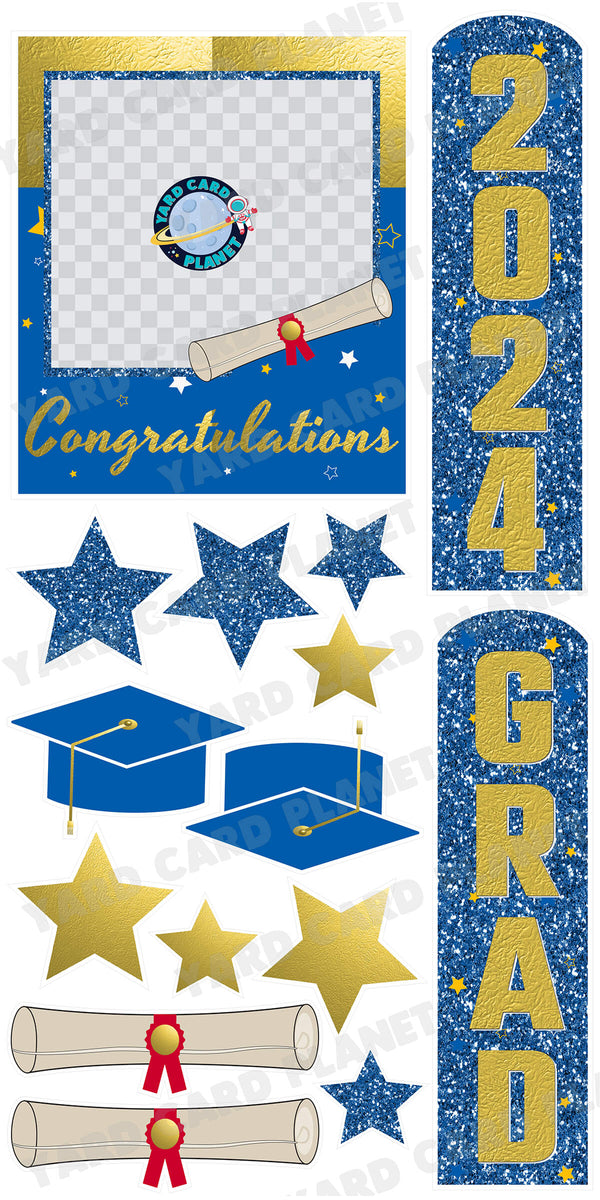 Gold and Blue Congratulations Grad Photo Frame and EZ Setup Pillars Yard Card Set