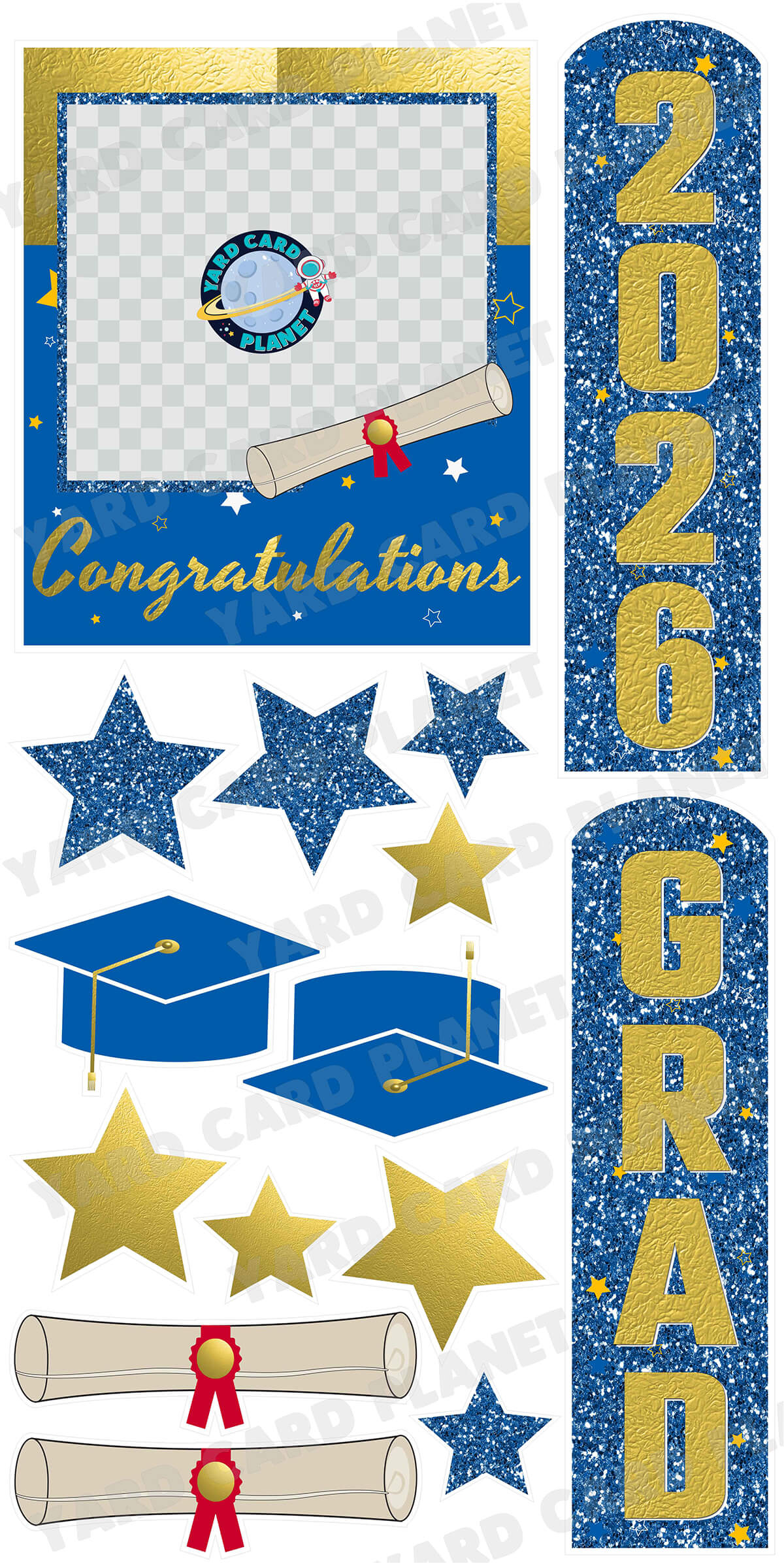 Gold and Blue Congratulations Grad Photo Frame and EZ Setup Pillars Yard Card Set