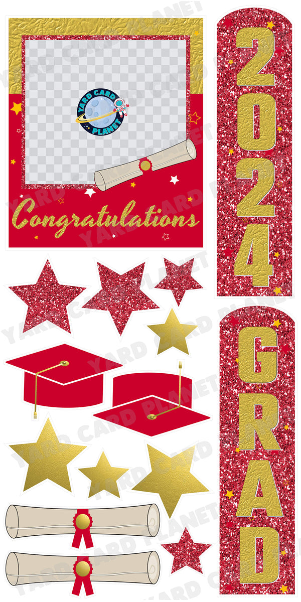 Gold and Red Congratulations Grad Photo Frame and EZ Setup Pillars Yard Card Set