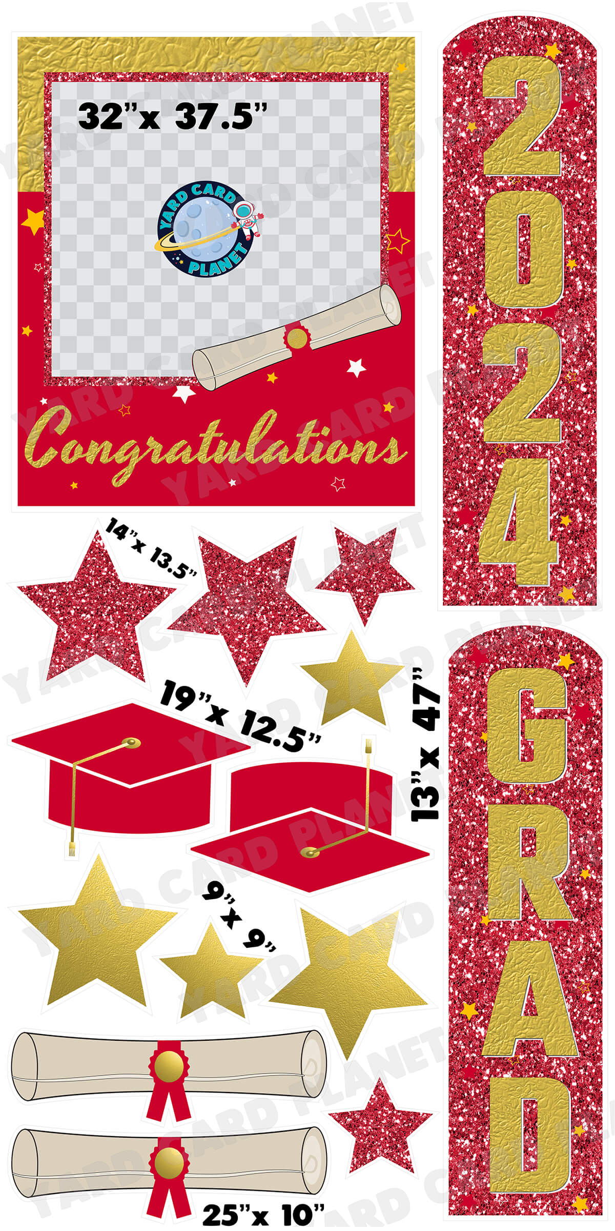 Gold and Red Congratulations Grad Photo Frame and EZ Setup Pillars Yard Card Set