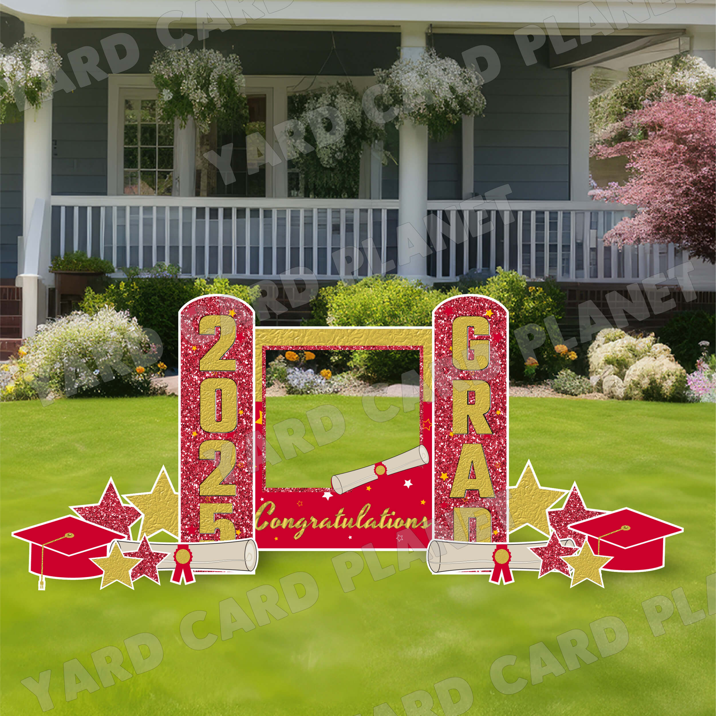 Gold and Red Congratulations Grad Photo Frame and EZ Setup Pillars Yard Card Set