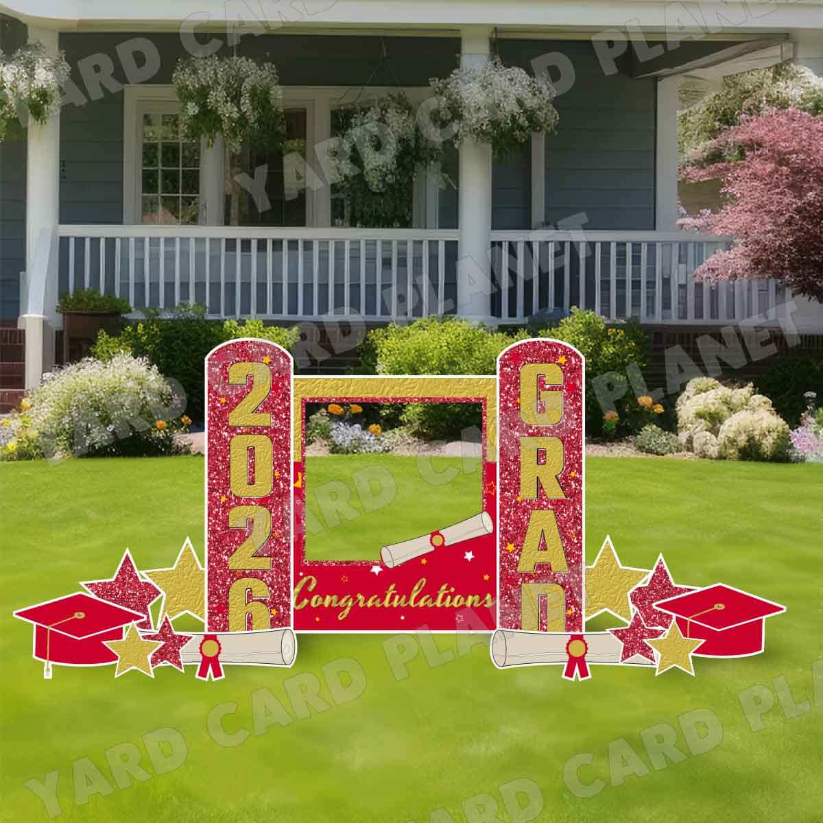 Gold and Red Congratulations Grad Photo Frame and EZ Setup Pillars Yard Card Set