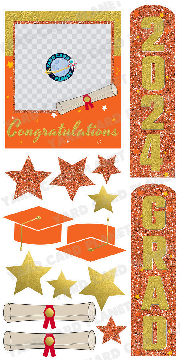 Gold and Orange Congratulations Grad Photo Frame and EZ Setup Pillars Yard Card Set