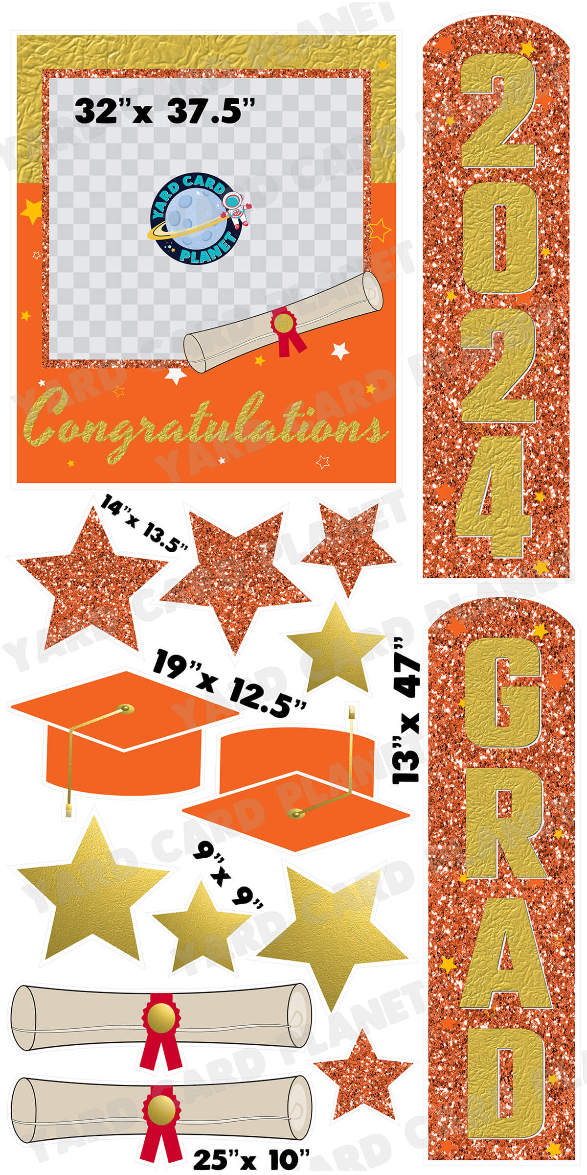 Gold and Orange Congratulations Grad Photo Frame and EZ Setup Pillars Yard Card Set