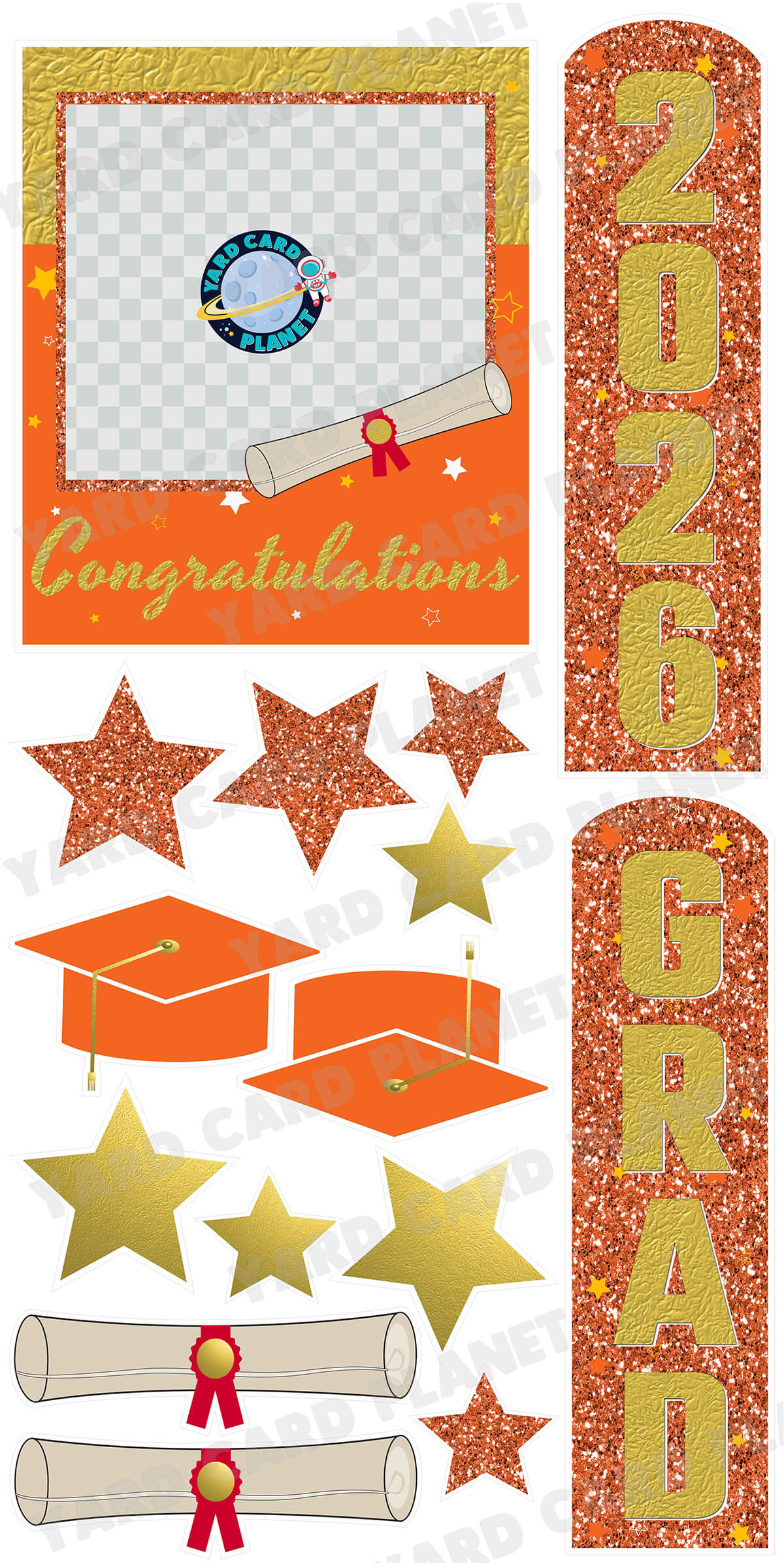 Gold and Orange Congratulations Grad Photo Frame and EZ Setup Pillars Yard Card Set