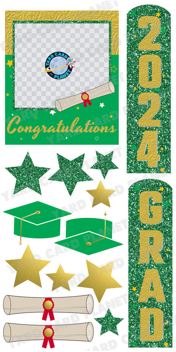 Gold and Green Congratulations Grad Photo Frame and EZ Setup Pillars Yard Card Set