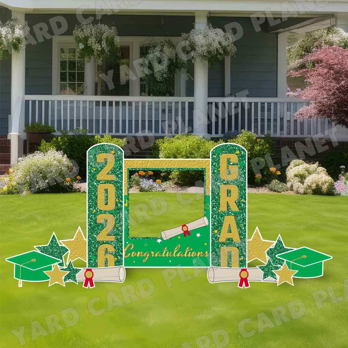 Gold and Green Congratulations Grad Photo Frame and EZ Setup Pillars Yard Card Set