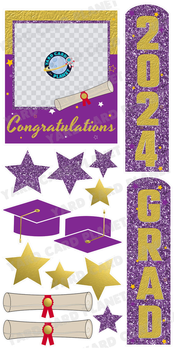 Gold and Purple Congratulations Grad Photo Frame and EZ Setup Pillars Yard Card Set