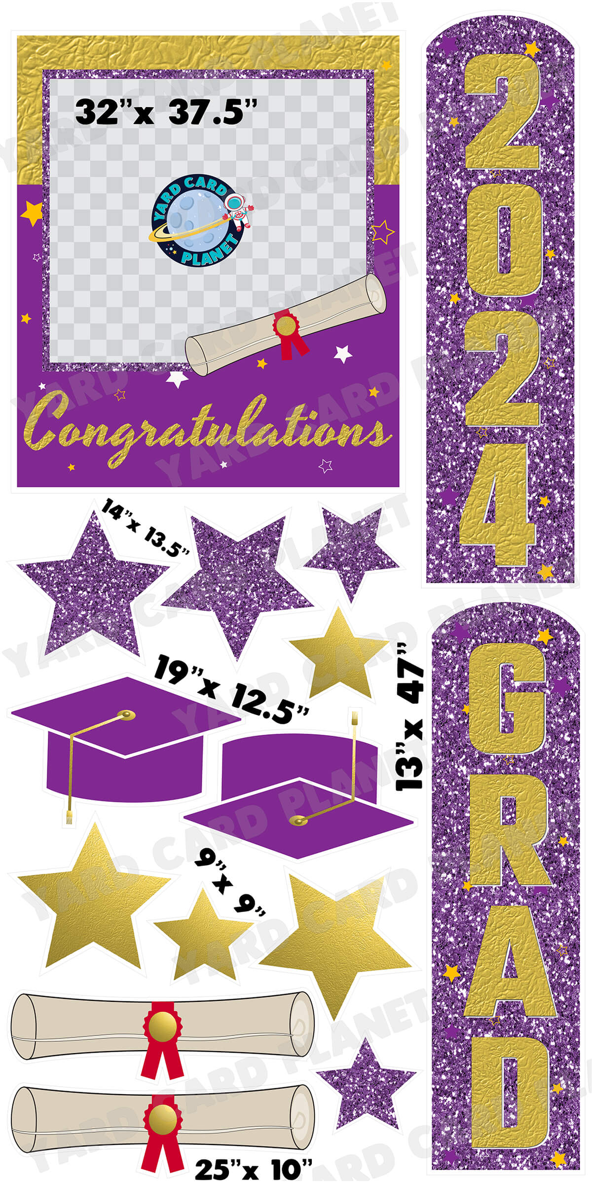 Gold and Purple Congratulations Grad Photo Frame and EZ Setup Pillars Yard Card Set