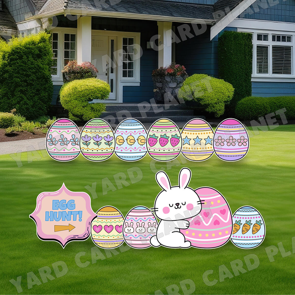 Pastel Easter Egg Hunt Sign with Easter Eggs and Bunny Yard Card Flair Set