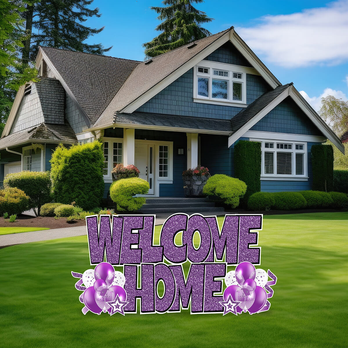 Large 23" Welcome Home Yard Card EZ Quick Sets in Luckiest Guy Font and Flair in Glitter Pattern (Available in Multiple Colors)