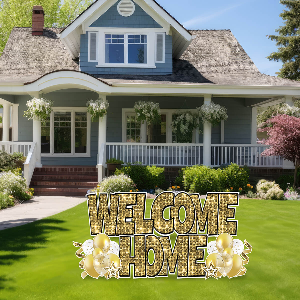 Large 23" Welcome Home Yard Card EZ Quick Sets in Luckiest Guy Font and Flair in Sequin Pattern (Available in Multiple Colors)