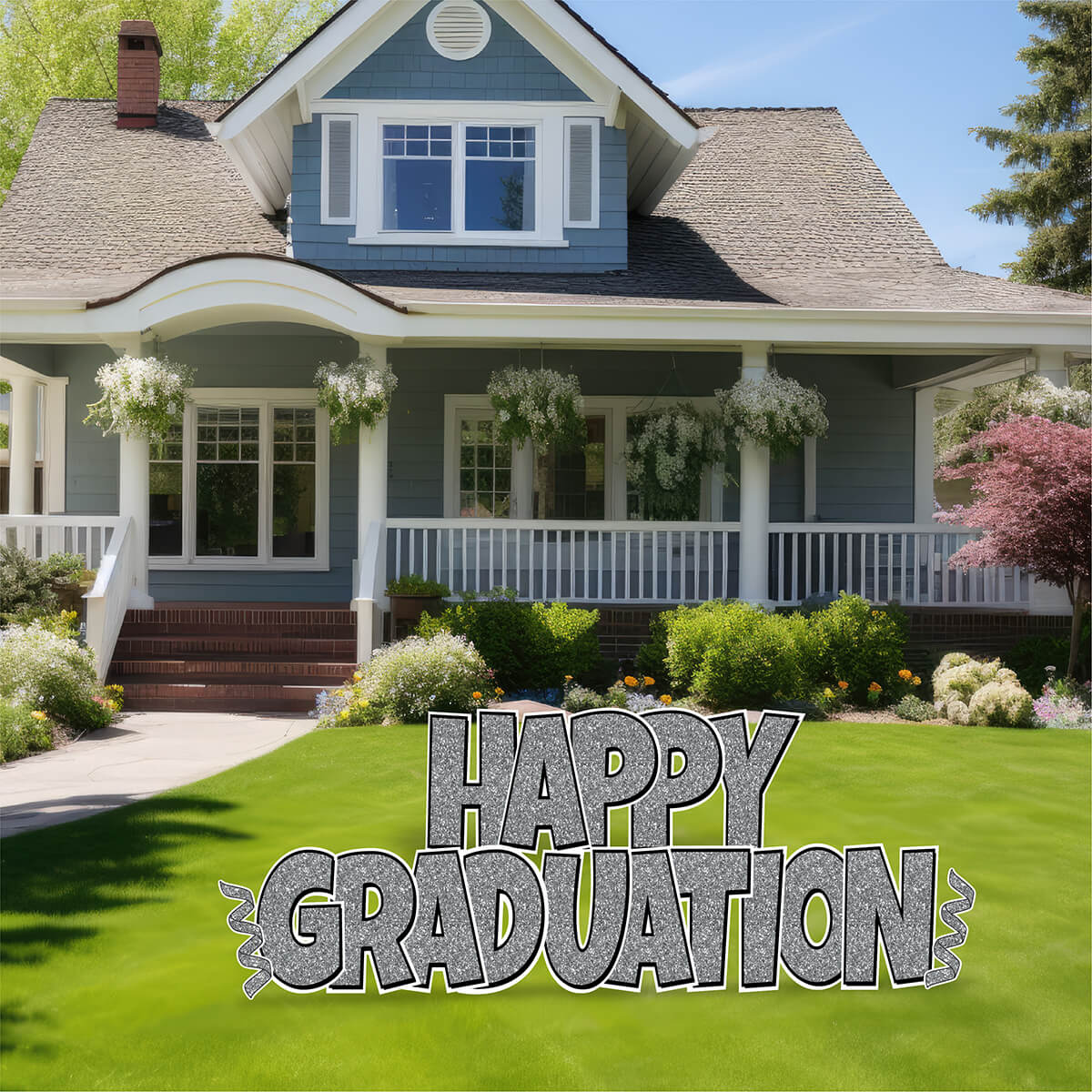 Large 23" Happy Graduation Yard Card EZ Quick Sets in Luckiest Guy Font and Flair in Glitter Pattern (Available in Multiple Colors)