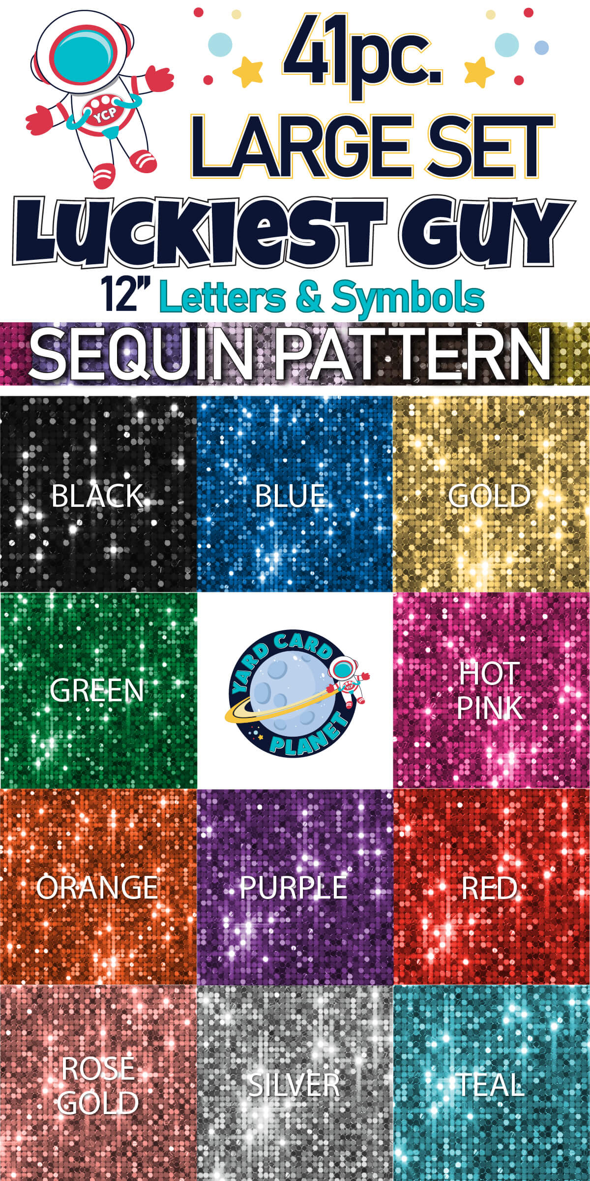 12" Luckiest Guy 41 pc. Letters and Symbols Set in Sequin Pattern Color Options