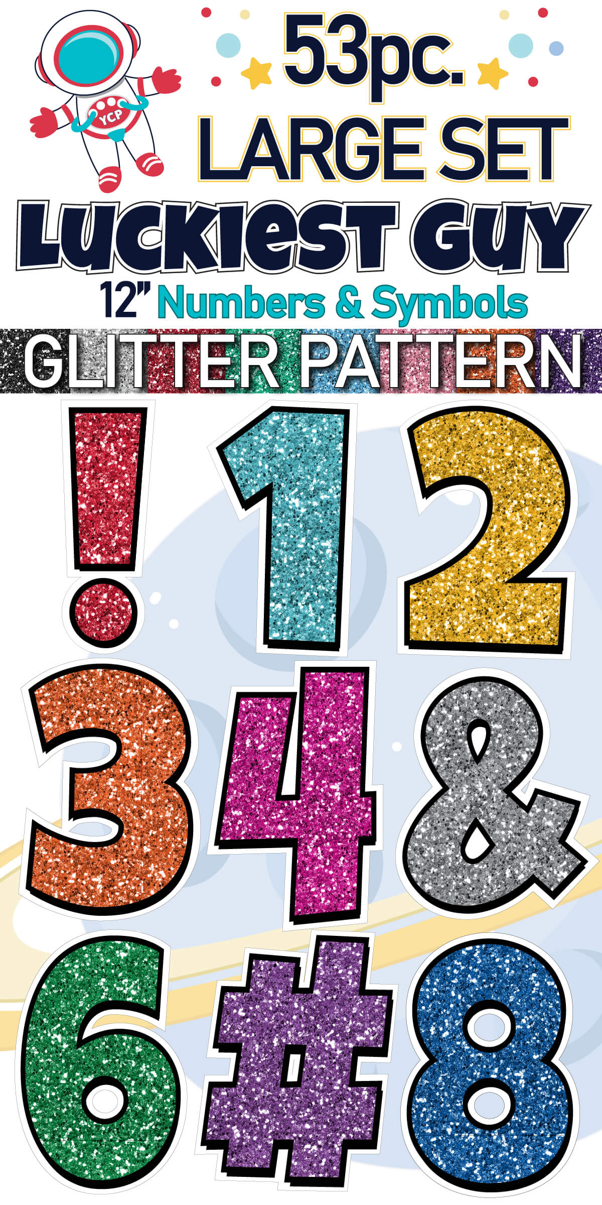 12" Luckiest Guy 53 pc. Numbers and Symbols Set in Glitter Pattern