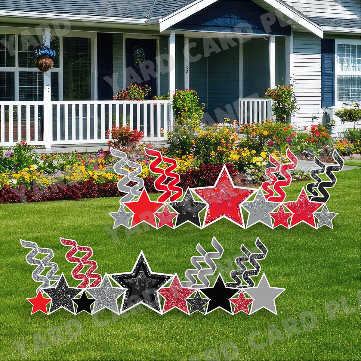 Red, Silver and Black Glitter and Solid Stars and Streamers Yard Card Flair Set