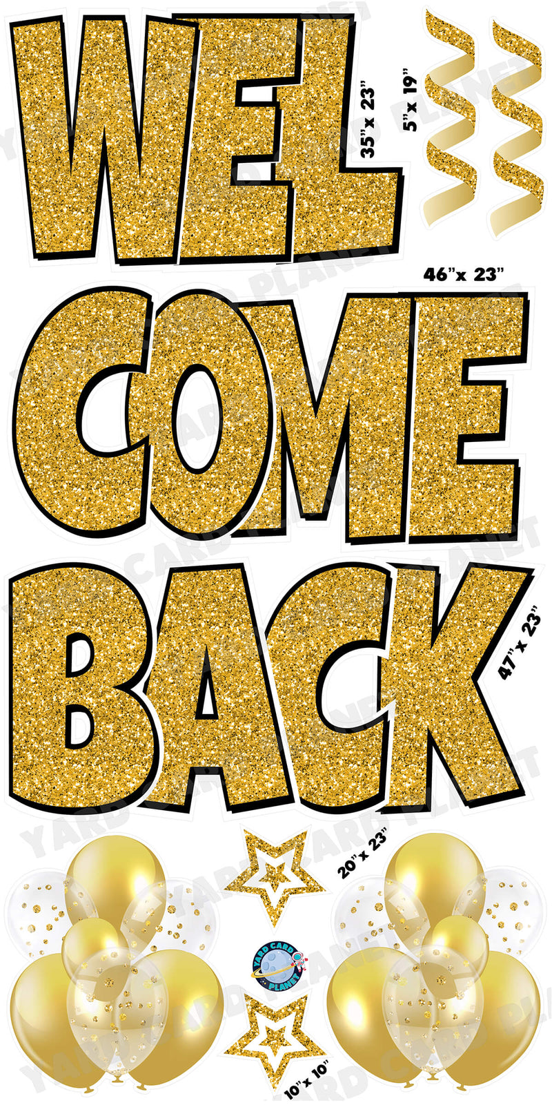 Large 23" Welcome Back Yard Card EZ Quick Sets in Luckiest Guy Font and Flair in Glitter Pattern (Available in Multiple Colors)