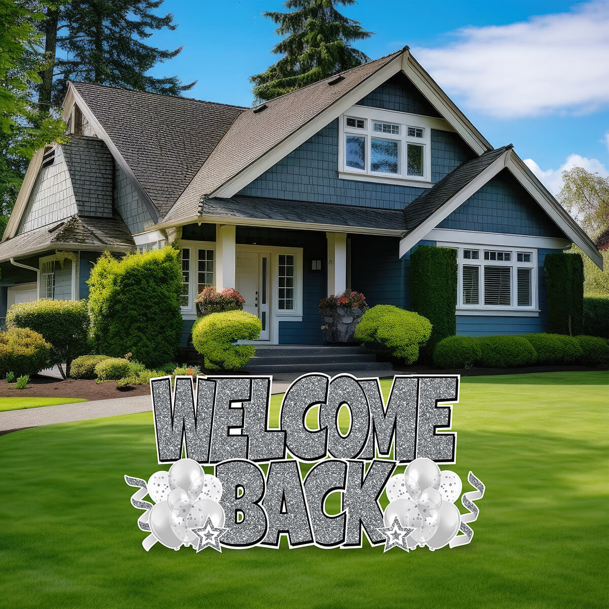 Large 23" Welcome Back Yard Card EZ Quick Sets in Luckiest Guy Font and Flair in Glitter Pattern (Available in Multiple Colors)