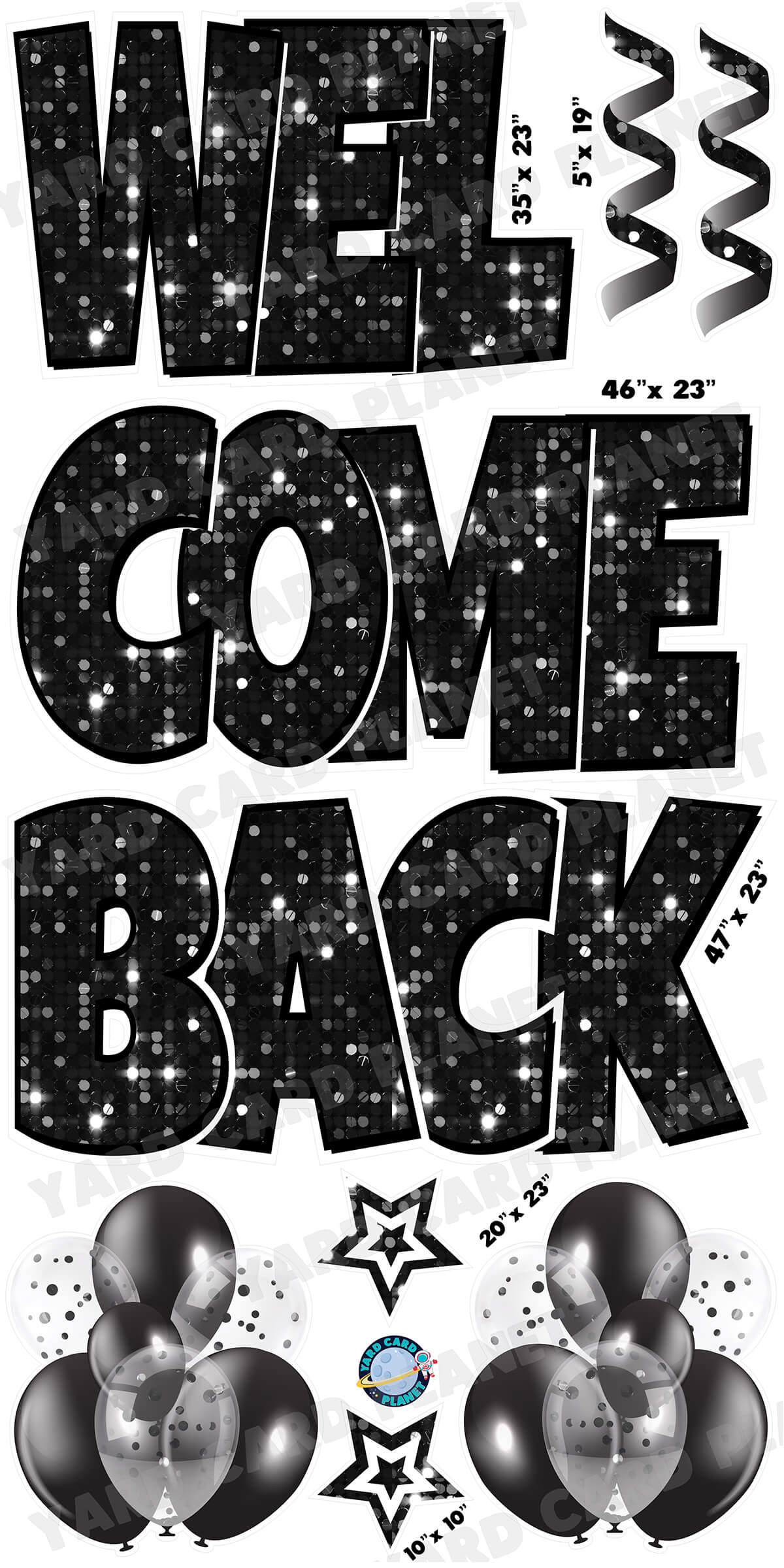 Large 23" Welcome Back Yard Card EZ Quick Sets in Luckiest Guy Font and Flair in Sequin Pattern (Available in Multiple Colors)