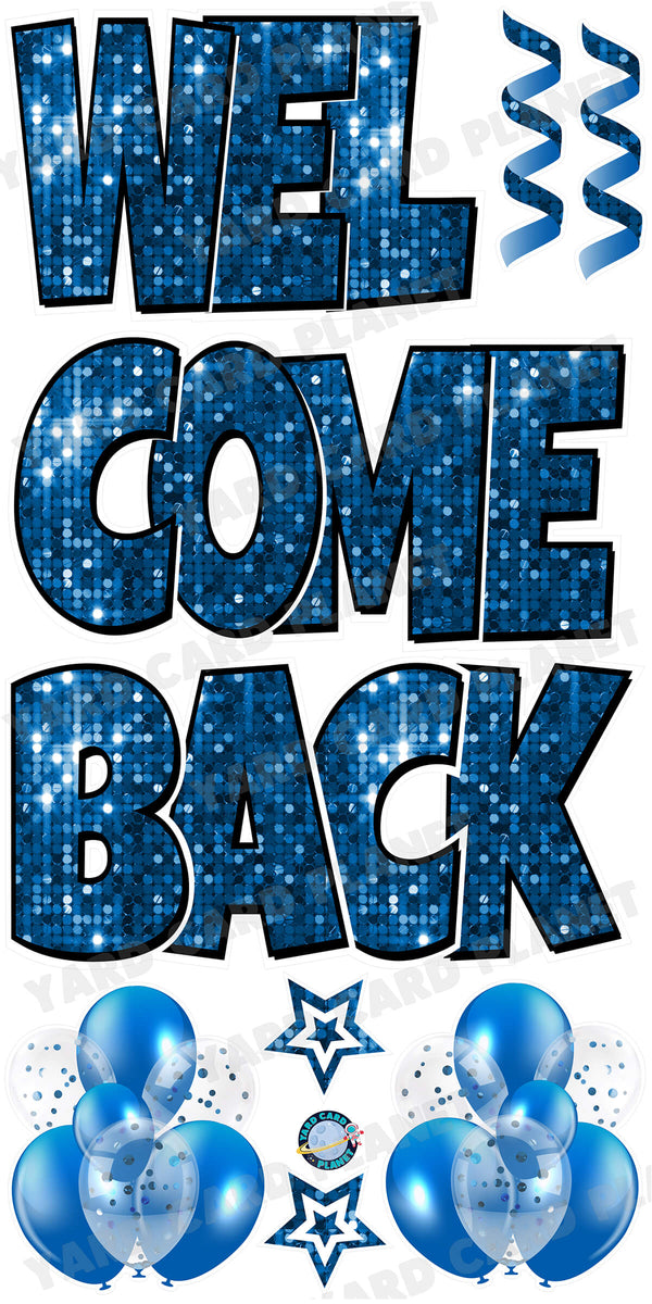 Large 23" Welcome Back Yard Card EZ Quick Sets in Luckiest Guy Font and Flair in Sequin Pattern (Available in Multiple Colors)