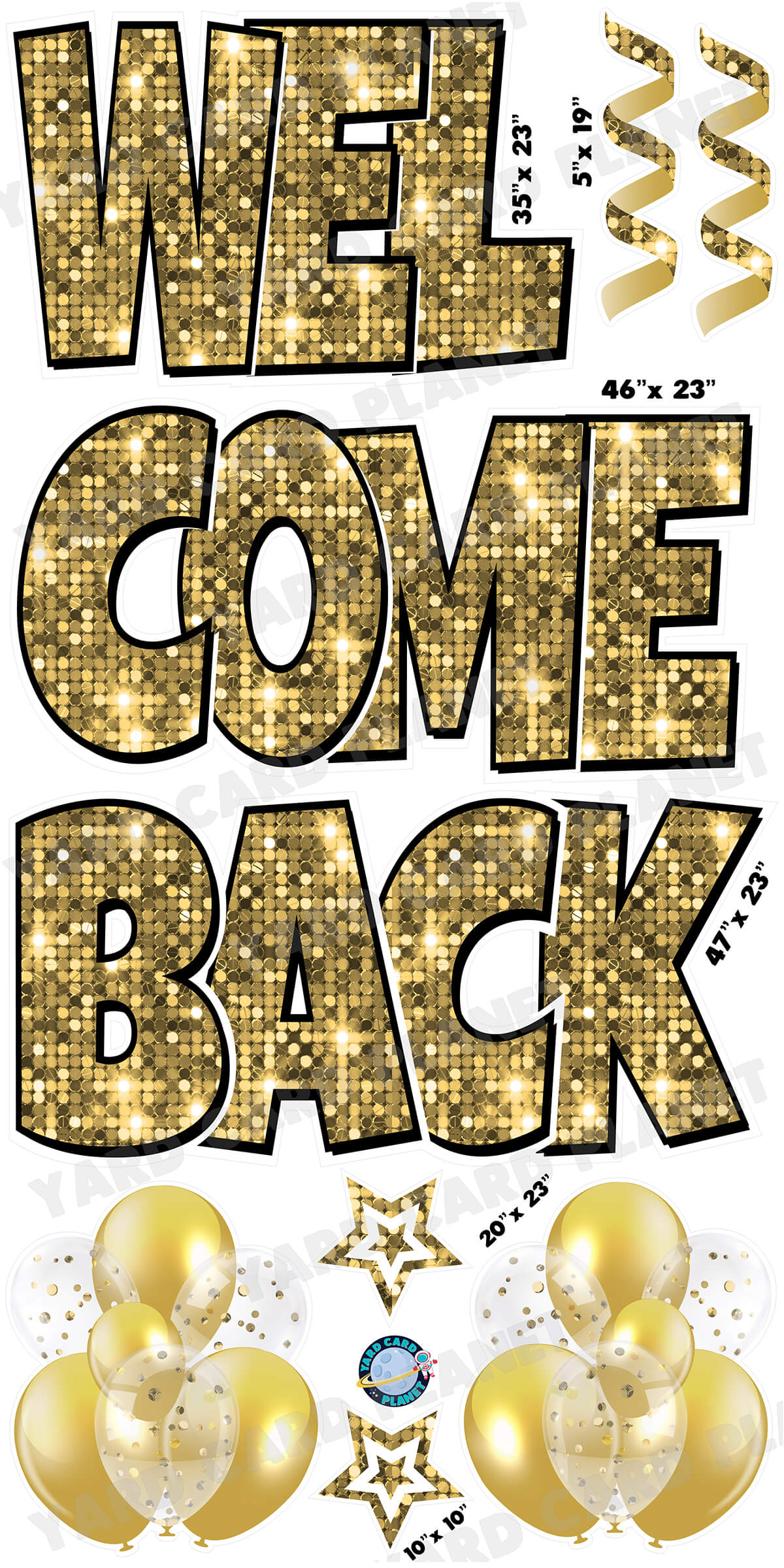 Large 23" Welcome Back Yard Card EZ Quick Sets in Luckiest Guy Font and Flair in Sequin Pattern (Available in Multiple Colors)