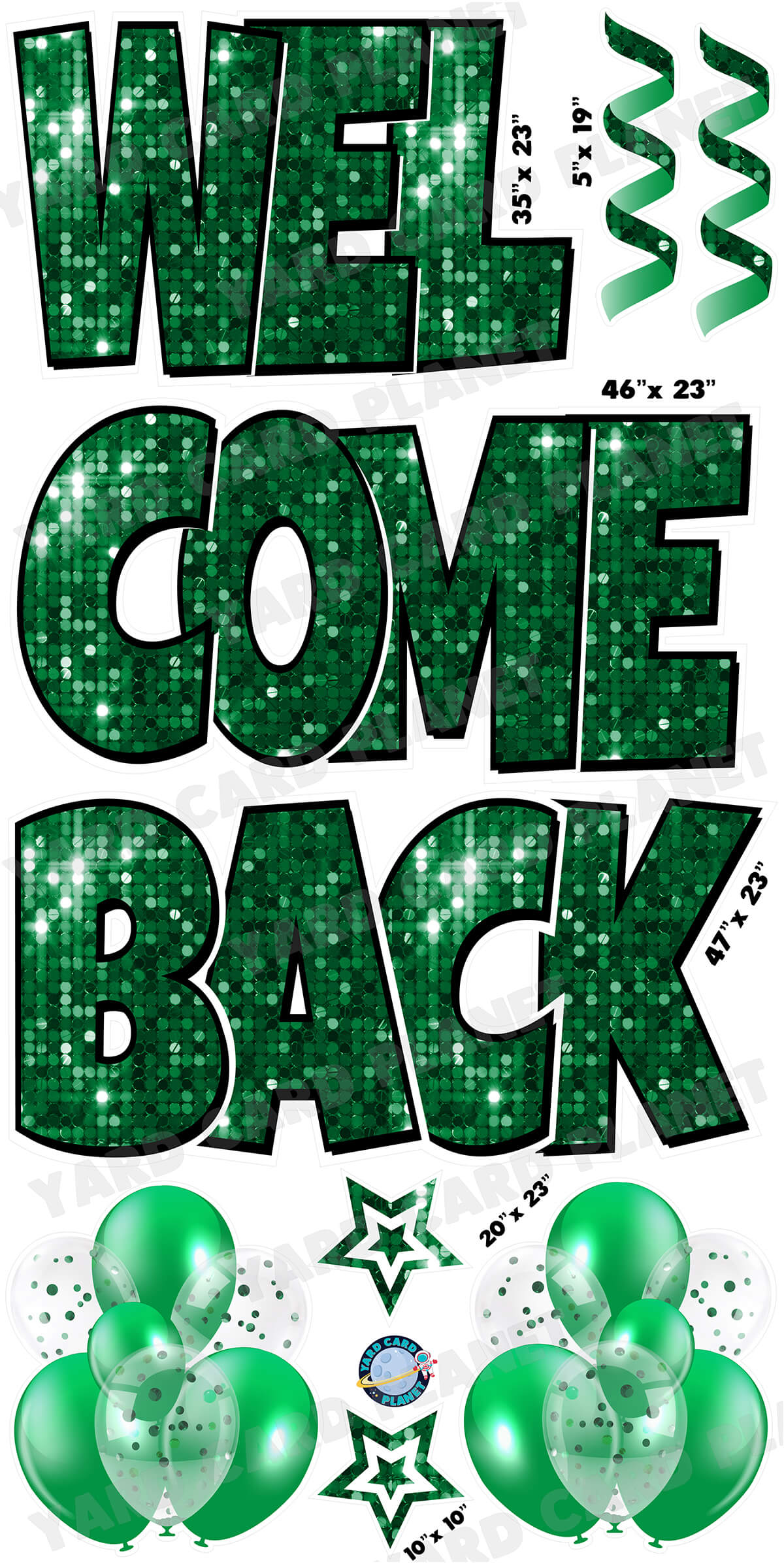 Large 23" Welcome Back Yard Card EZ Quick Sets in Luckiest Guy Font and Flair in Sequin Pattern (Available in Multiple Colors)