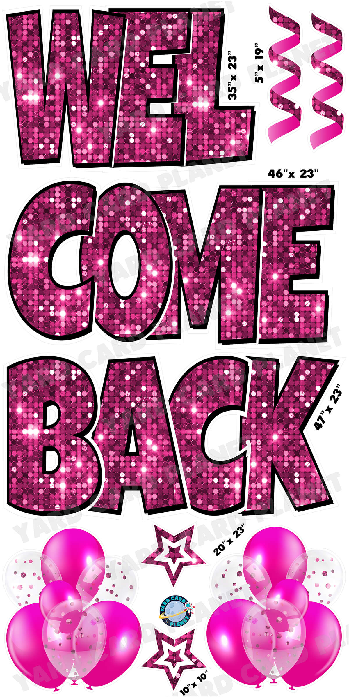 Large 23" Welcome Back Yard Card EZ Quick Sets in Luckiest Guy Font and Flair in Sequin Pattern (Available in Multiple Colors)