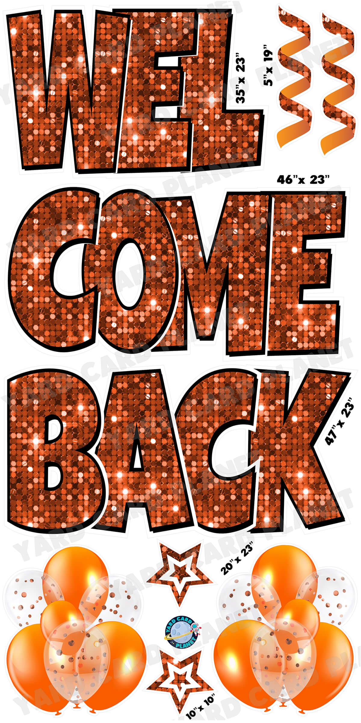 Large 23" Welcome Back Yard Card EZ Quick Sets in Luckiest Guy Font and Flair in Sequin Pattern (Available in Multiple Colors)