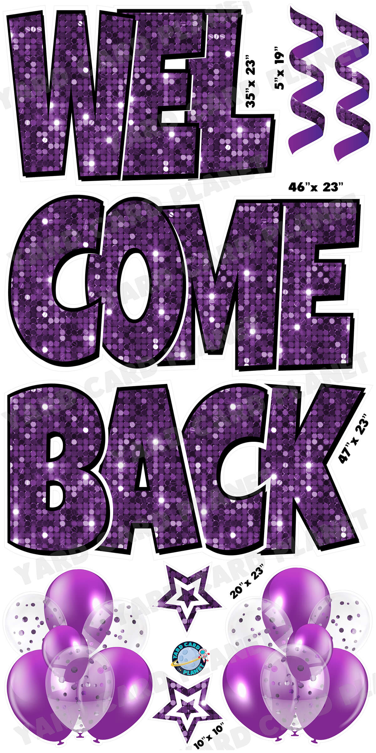 Large 23" Welcome Back Yard Card EZ Quick Sets in Luckiest Guy Font and Flair in Sequin Pattern (Available in Multiple Colors)