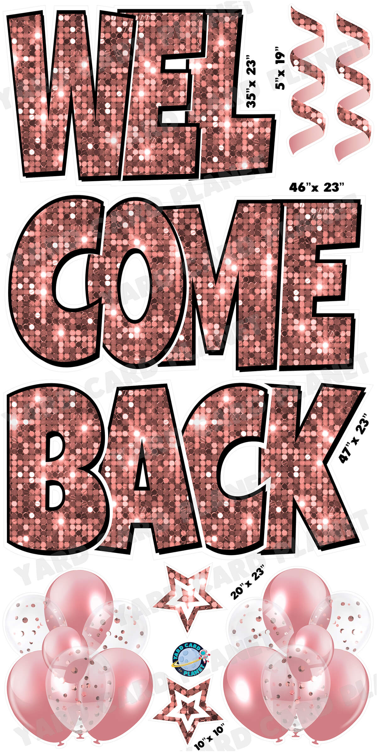 Large 23" Welcome Back Yard Card EZ Quick Sets in Luckiest Guy Font and Flair in Sequin Pattern (Available in Multiple Colors)