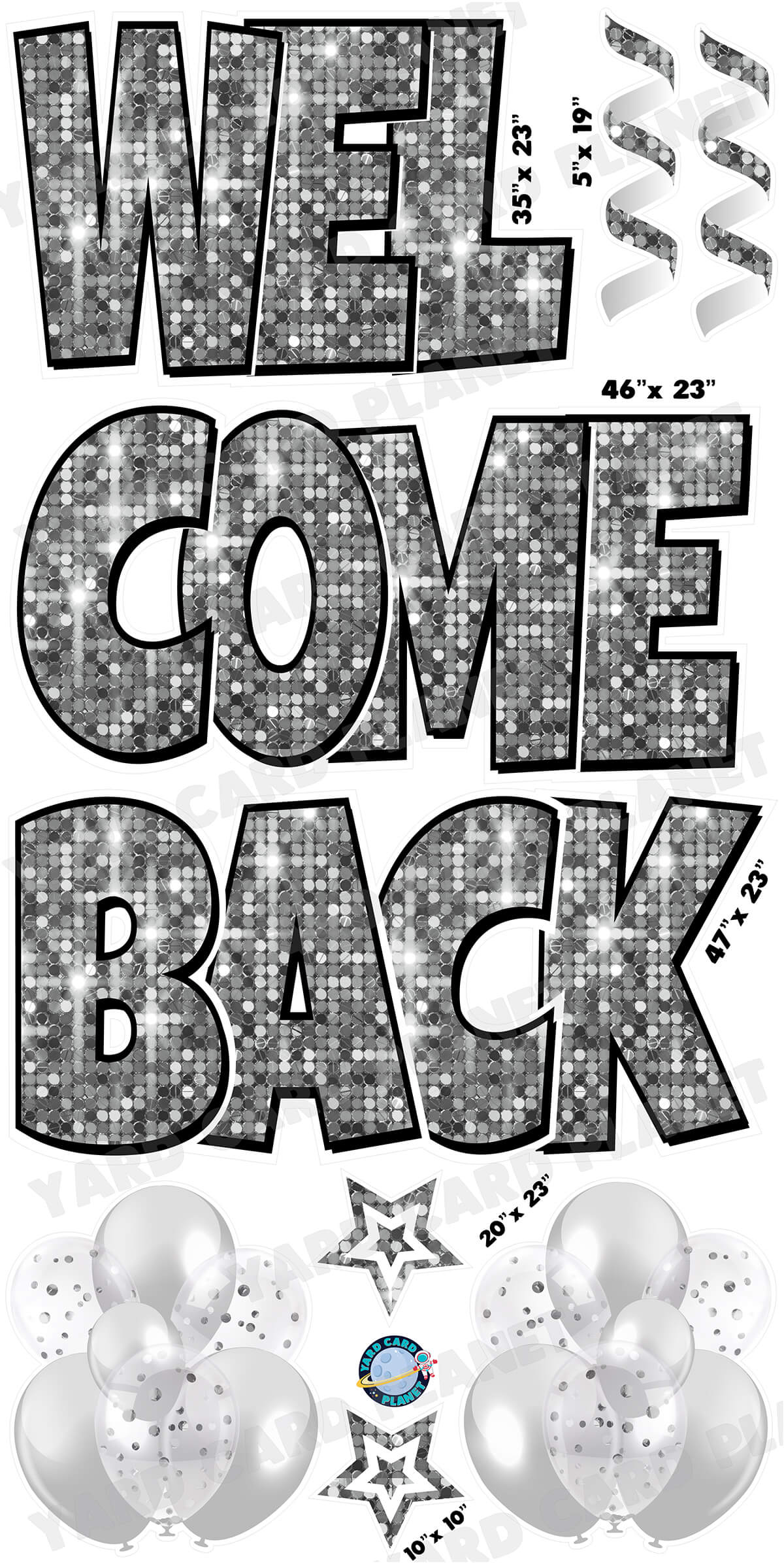 Large 23" Welcome Back Yard Card EZ Quick Sets in Luckiest Guy Font and Flair in Sequin Pattern (Available in Multiple Colors)