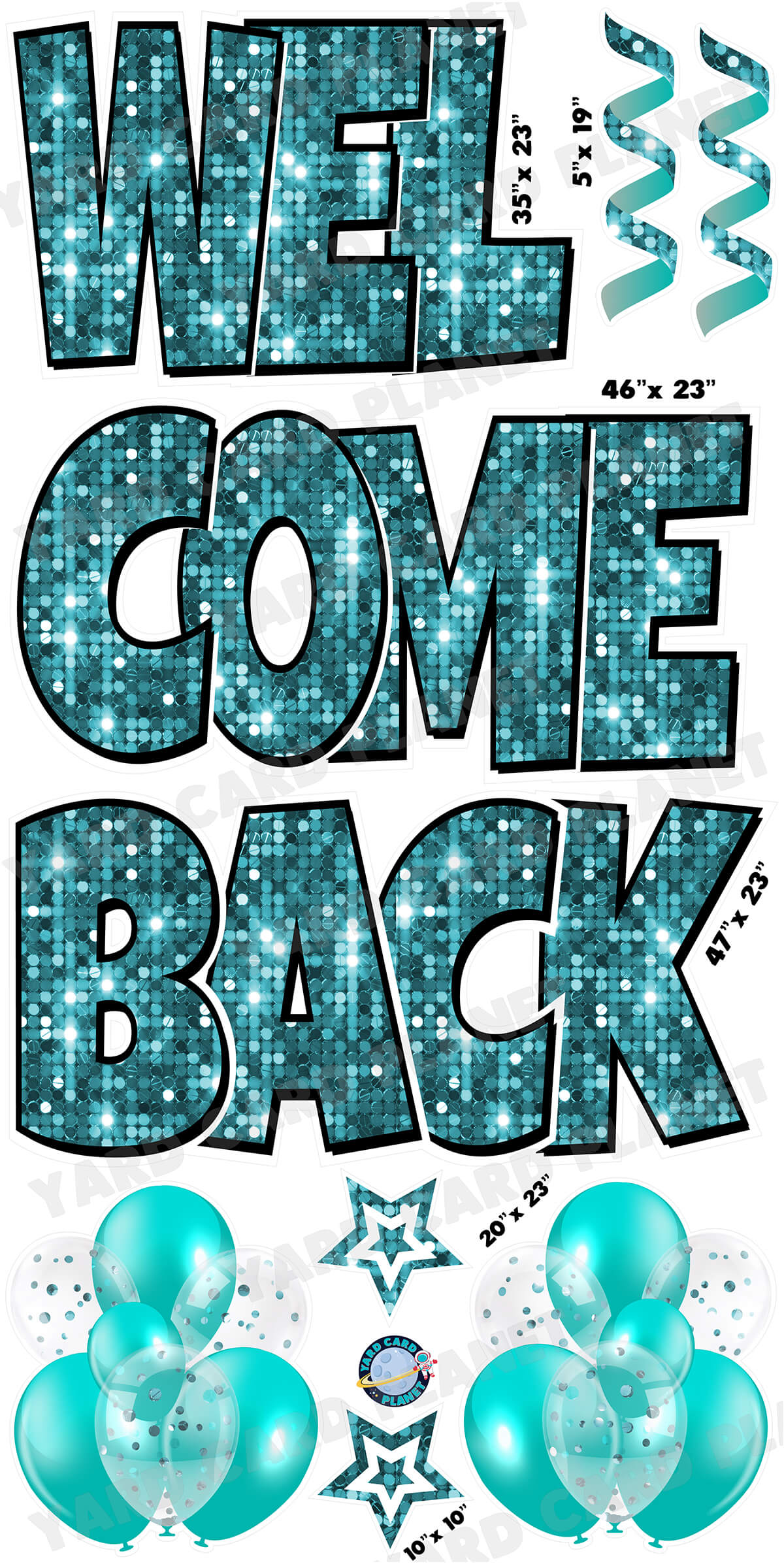 Large 23" Welcome Back Yard Card EZ Quick Sets in Luckiest Guy Font and Flair in Sequin Pattern (Available in Multiple Colors)