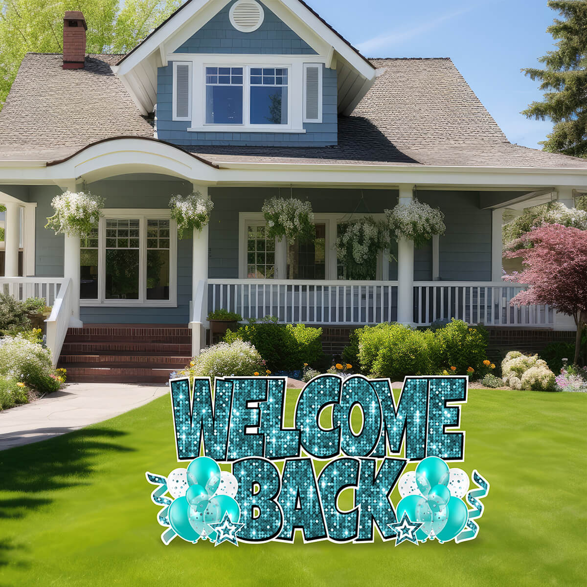 Large 23" Welcome Back Yard Card EZ Quick Sets in Luckiest Guy Font and Flair in Sequin Pattern (Available in Multiple Colors)