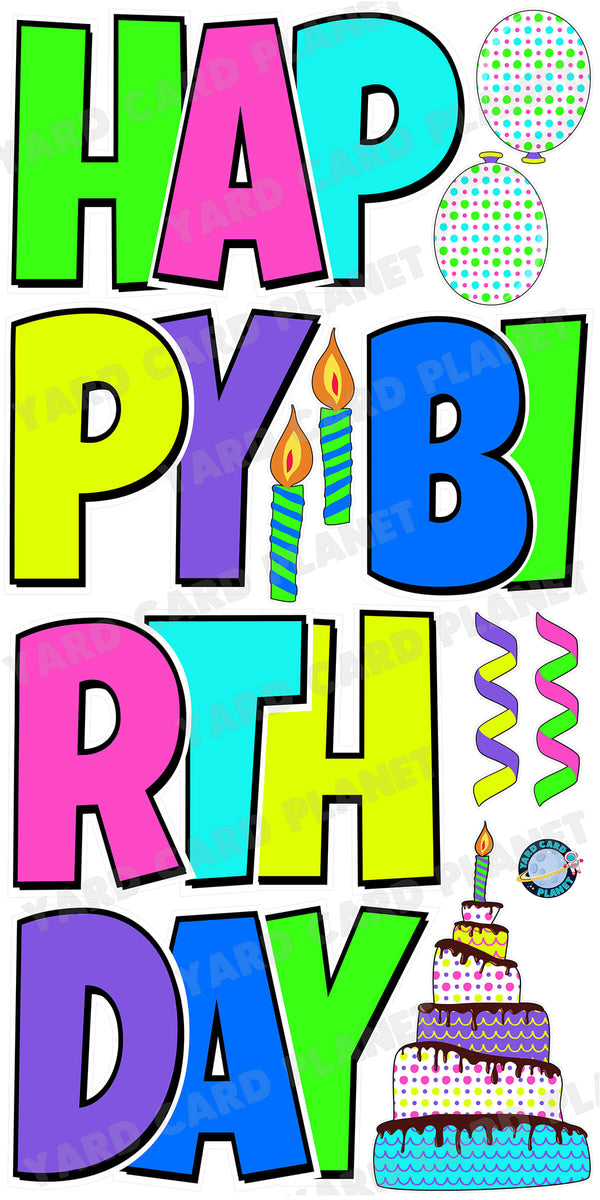 Large 23.5" Multi Neon Colored Happy Birthday Yard Card EZ Quick Set in Luckiest Guy Font and Birthday Flair