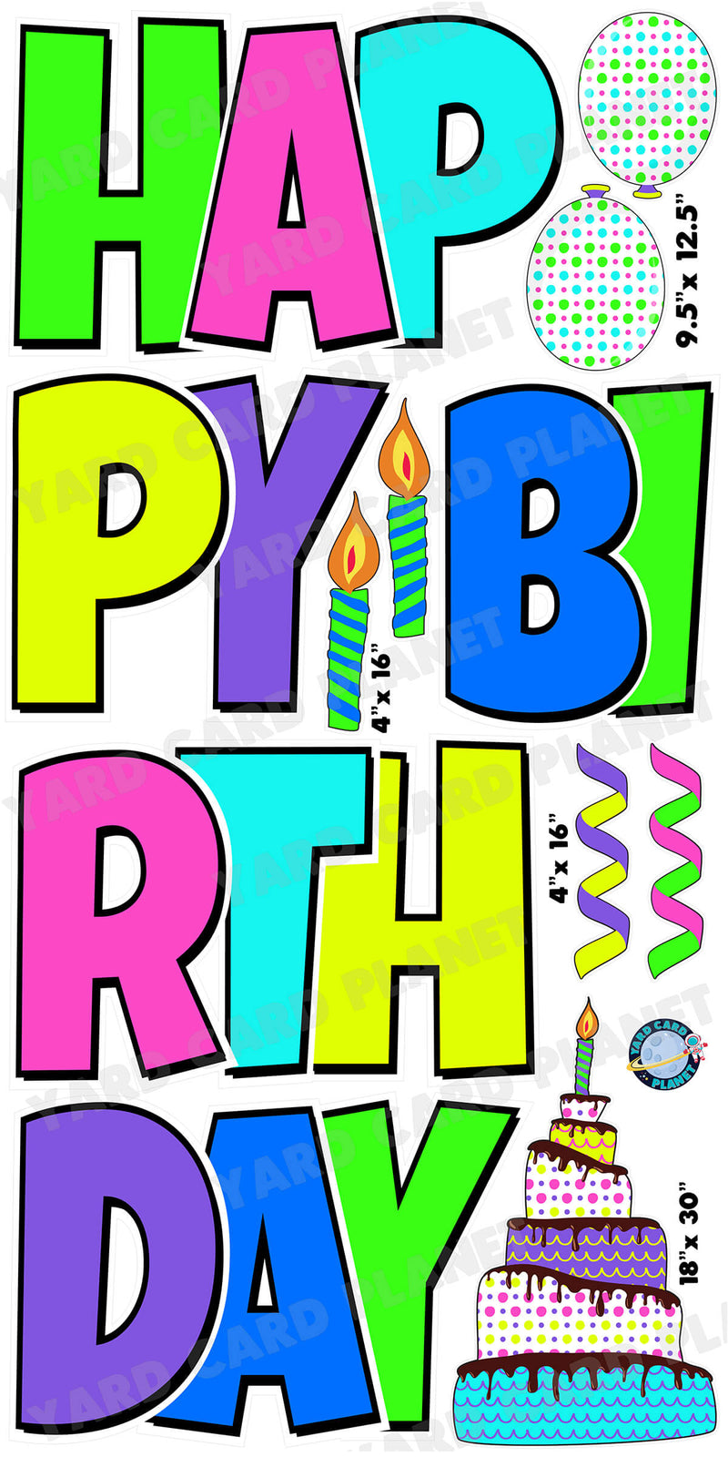 Large 23.5" Multi Neon Colored Happy Birthday Yard Card EZ Quick Set in Luckiest Guy Font and Birthday Flair