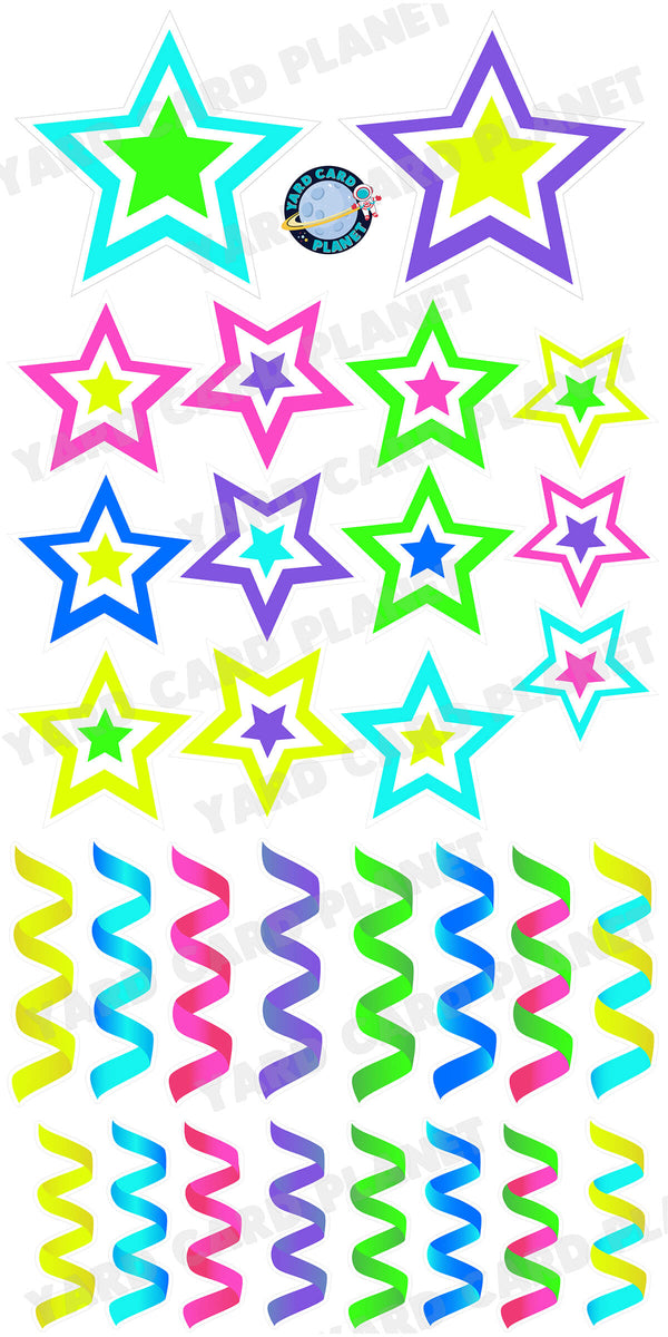 Neon Colored Double Stars and Streamers Yard Card Flair Set