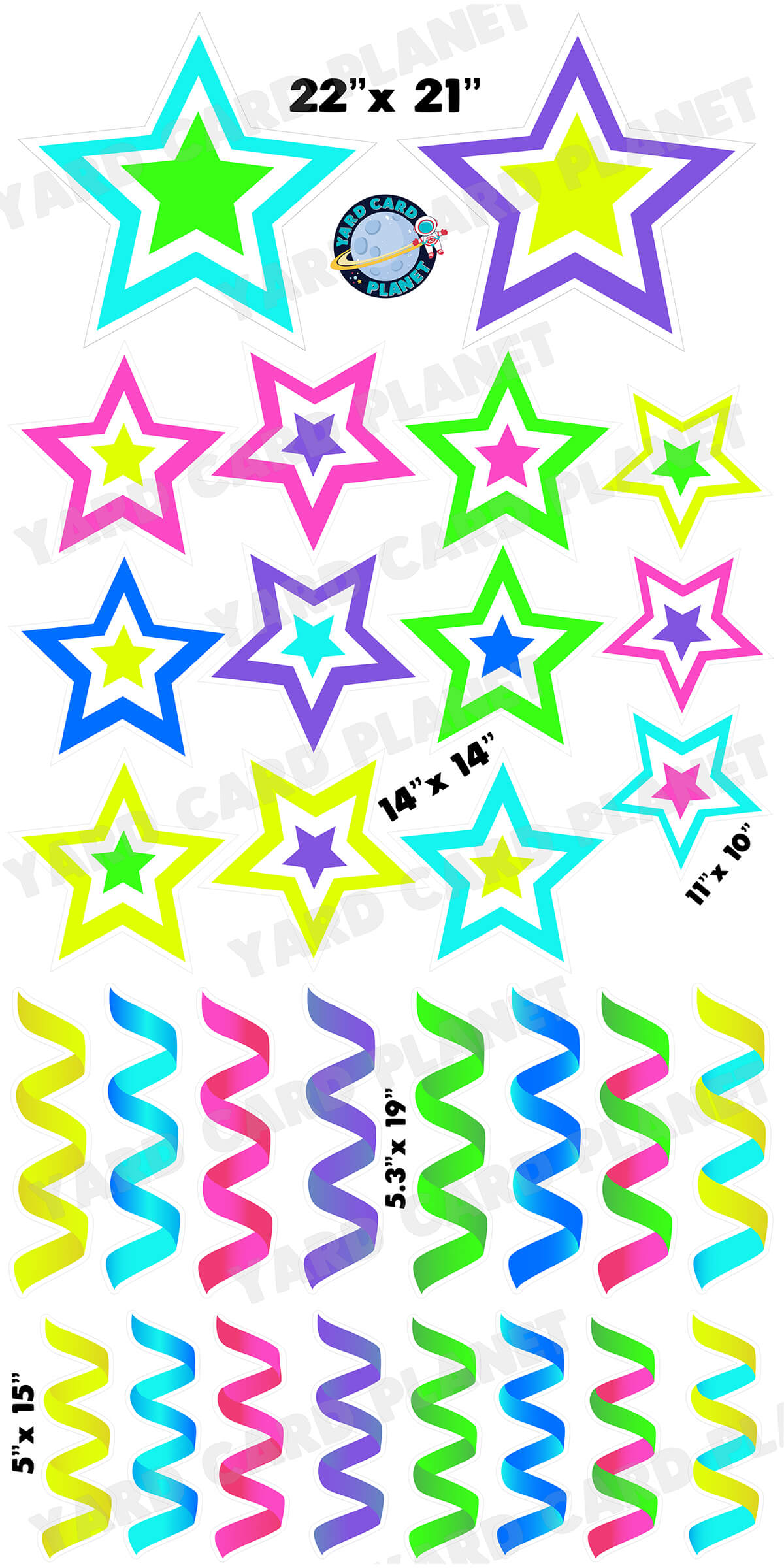 Neon Colored Double Stars and Streamers Yard Card Flair Set