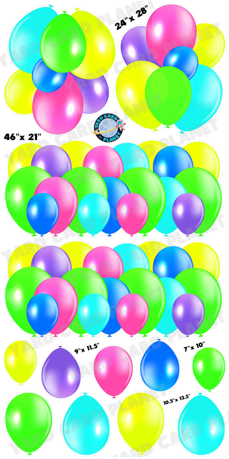 Multi Neon Colored Balloon Panels, Bouquets and Singles Yard Card Set