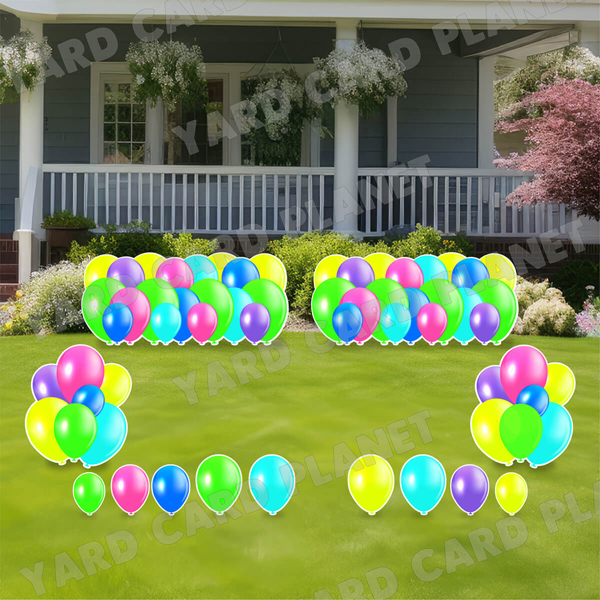 Multi Neon Colored Balloon Panels, Bouquets and Singles Yard Card Set