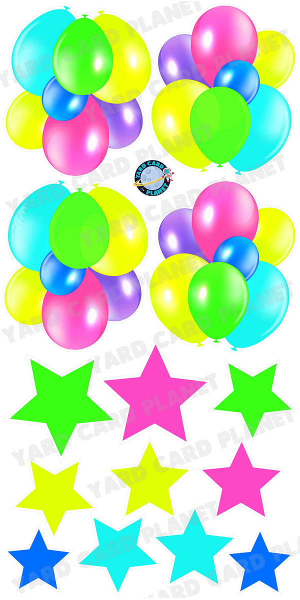Multi Neon Colored Balloon Bouquets and Stars Yard Card Set