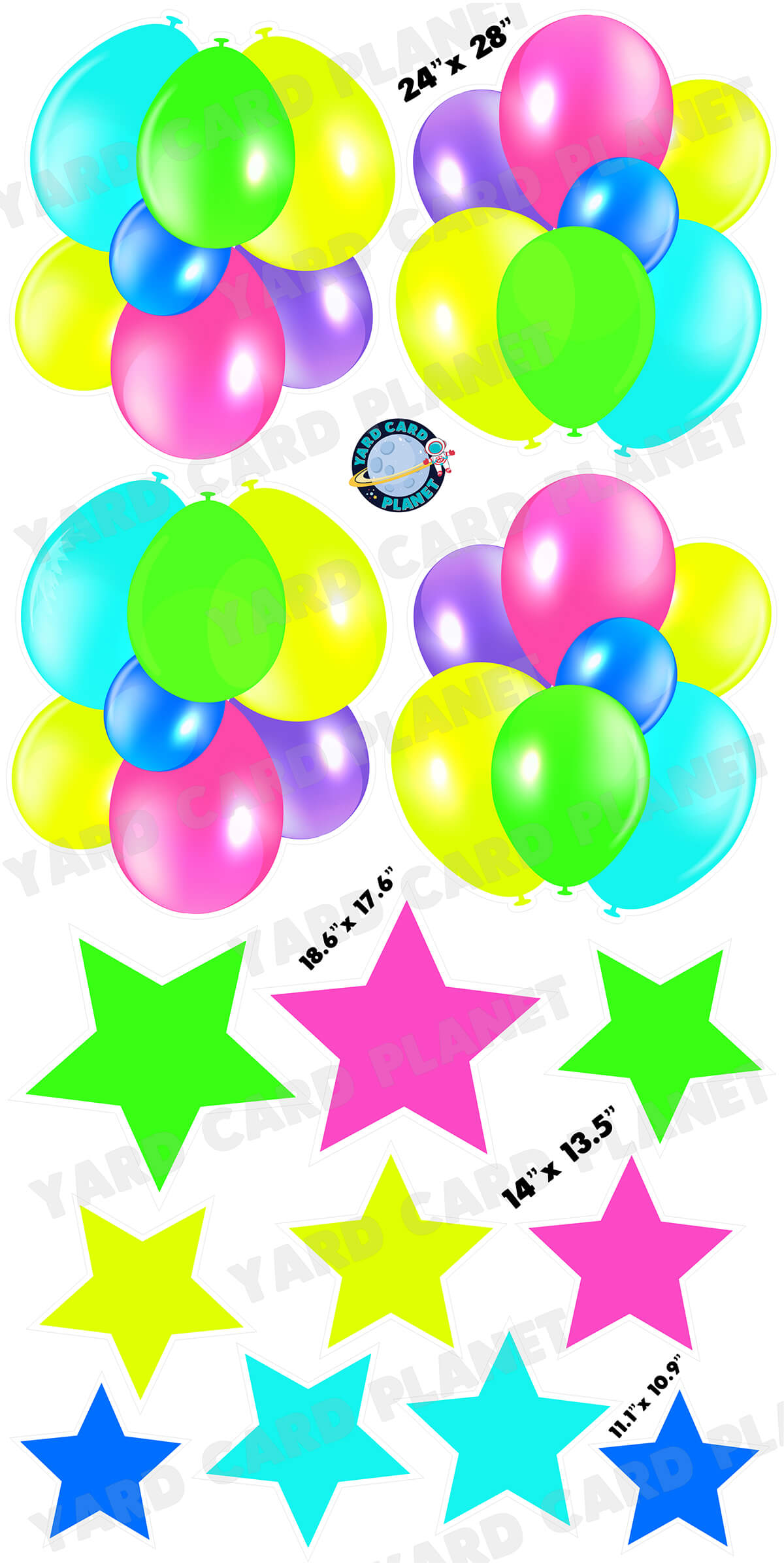 Multi Neon Colored Balloon Bouquets and Stars Yard Card Set