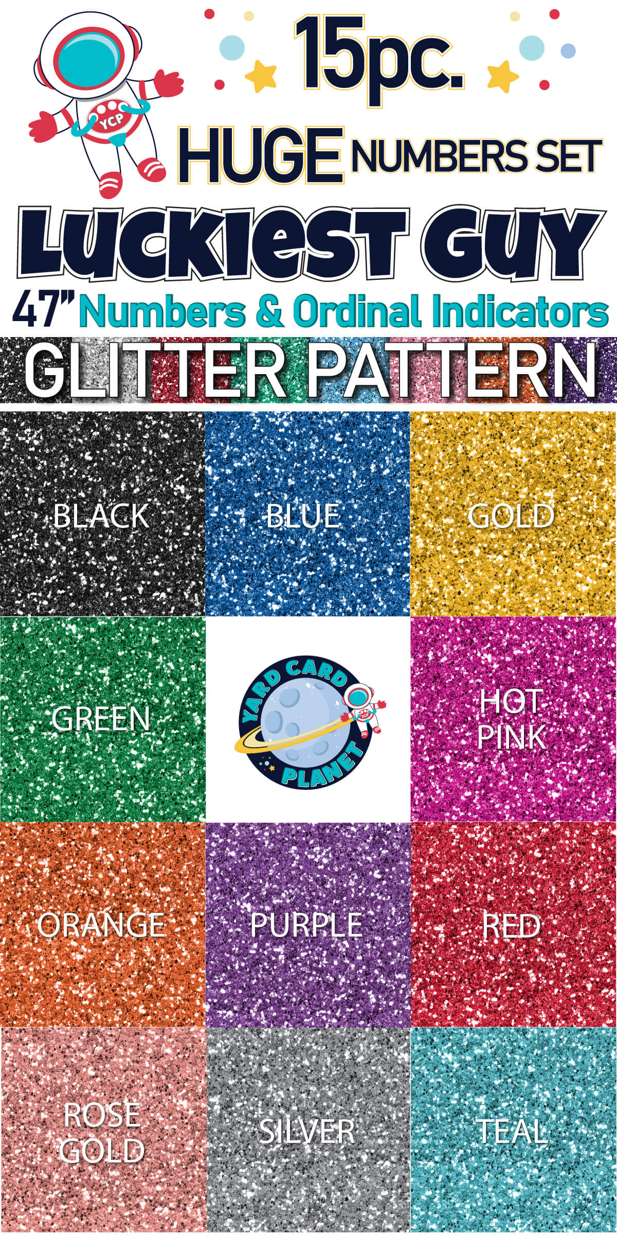 47" Luckiest Guy 15 pc. Huge Numbers and Ordinal Indicators Set in Glitter Pattern