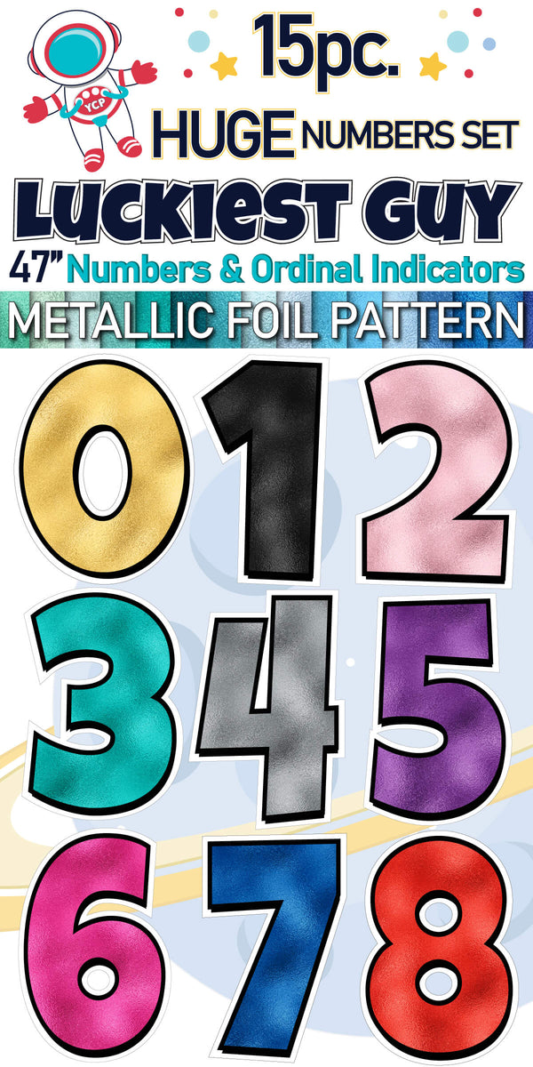 47" Luckiest Guy 15 pc. Huge Numbers and Ordinal Indicators Set in Metallic Foil Pattern