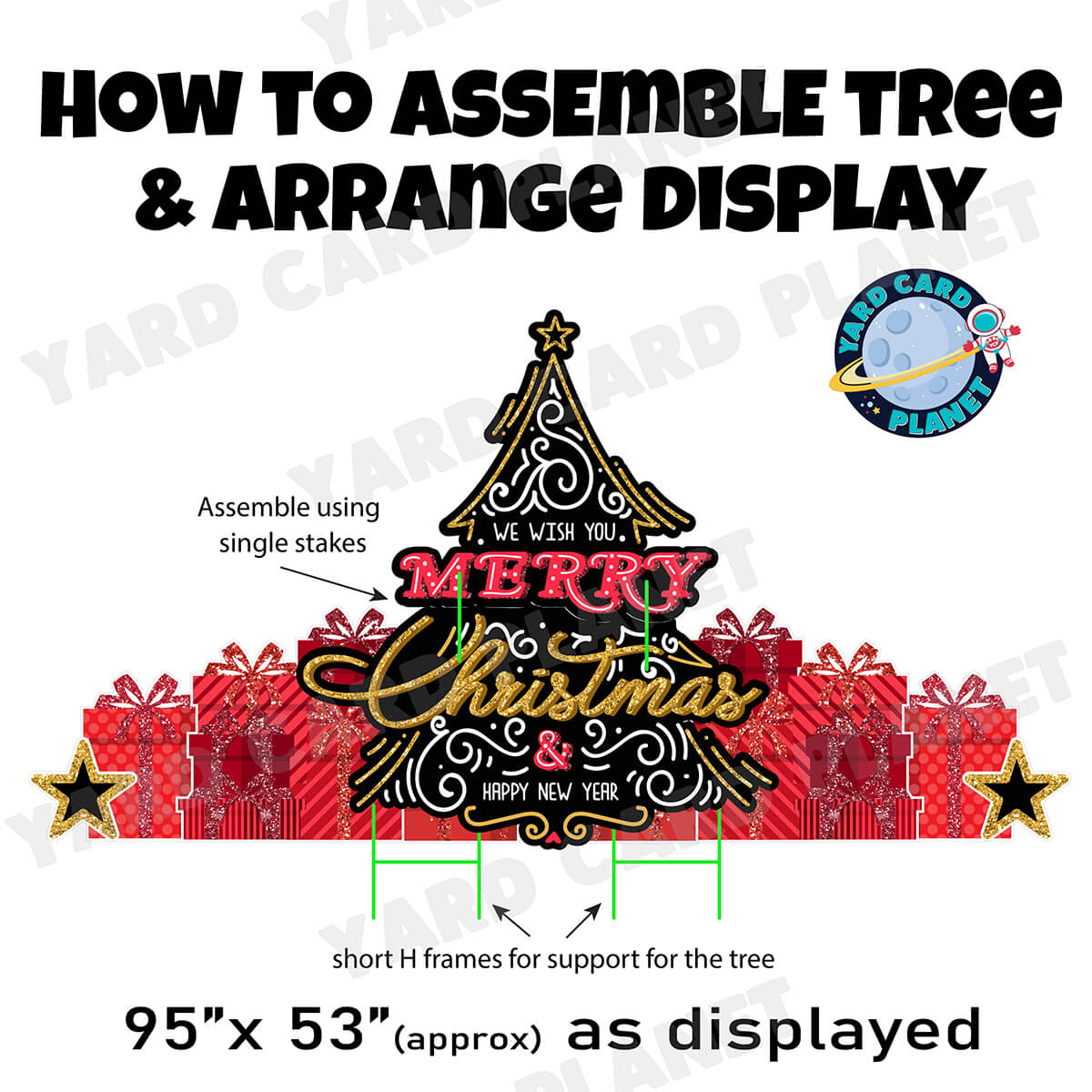 Extra Large Merry Christmas and Happy New Year Tree EZ Quick Set and Yard Card Flair Set