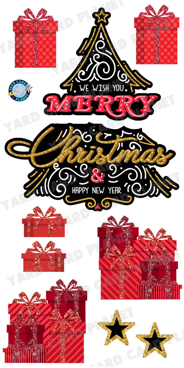 Extra Large Merry Christmas and Happy New Year Tree EZ Quick Set and Yard Card Flair Set